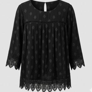 Daniel Rainn Black Embroidered Lace Trim Blouse 1X Whimsygoth Boho 3/4 Sleeve